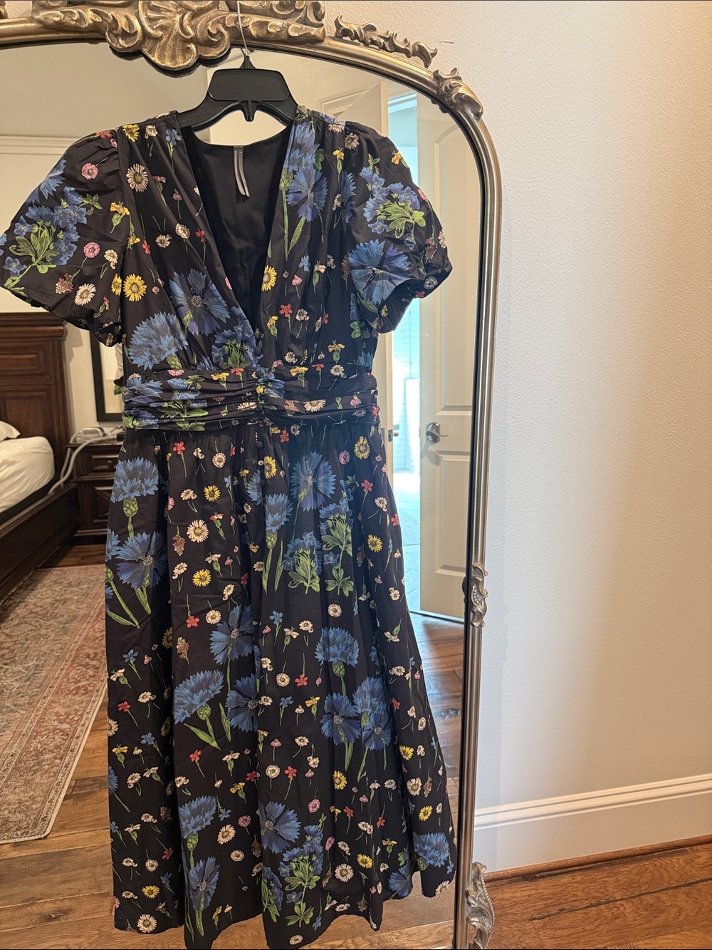 Anthropologie Black Midi Dress with Blue and Green Floral Print size L